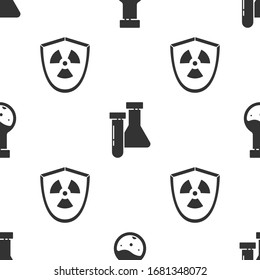 Set Test tube and flask chemical, Test tube and flask chemical and Radioactive in shield on seamless pattern. Vector