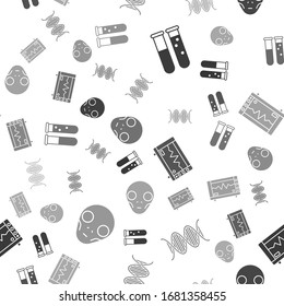 Set Test tube and flask chemical laboratory, DNA symbol, Computer monitor with cardiogram and Extraterrestrial alien face on seamless pattern. Vector