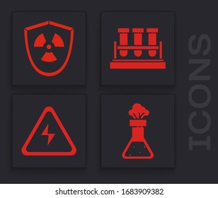 Set Test tube and flask chemical, Radioactive in shield, Test tube and flask chemical and High voltage sign icon. Vector