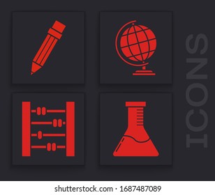 Set Test tube and flask chemical laboratory, Pencil with eraser, Earth globe and Abacus icon. Vector