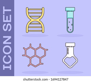 Set Test tube and flask chemical, DNA symbol, Chemical formula and Test tube and flask chemical icon. Vector