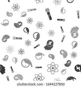 Set Test tube and flask chemical, Atom, Head and electric symbol and Test tube and flask chemical on seamless pattern. Vector