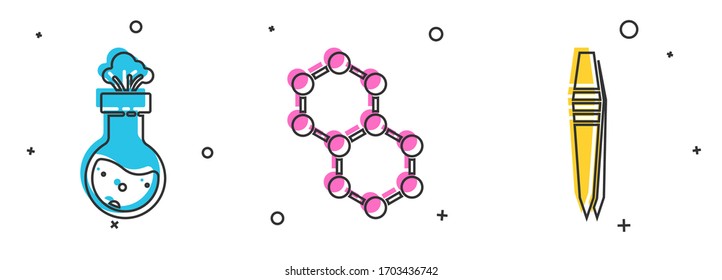 Set Test tube and flask chemical, Molecule and Tweezers icon. Vector