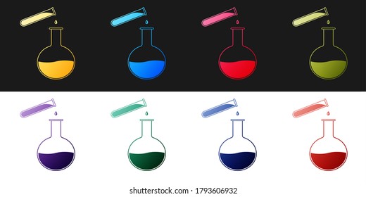 Set Test tube and flask - chemical laboratory test icon isolated on black and white background. Laboratory glassware sign. Vector.