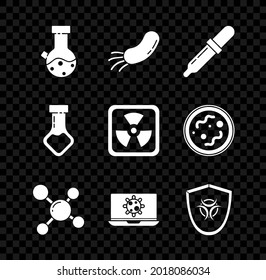 Set Test tube and flask chemical, Bacteria, Pipette, Molecule, on laptop, Biohazard symbol shield,  and Radioactive icon. Vector