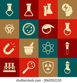 Set Test tube and flask chemical, Bacteria, Biohazard symbol,  and  icon. Vector