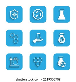 Set Test tube and flask, Chemical formula, radiation, Poison in bottle, stand,  and Shield protecting from virus icon. Vector