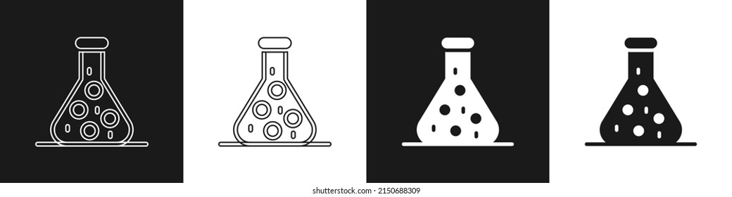 Set Test tube and flask chemical laboratory test icon isolated on black and white background. Laboratory glassware sign.  Vector