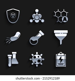 Set Test tube and flask chemical, Bacteria, Laboratory clipboard with checklist, Funnel filter, Chemical formula and Biohazard symbol on shield icon. Vector