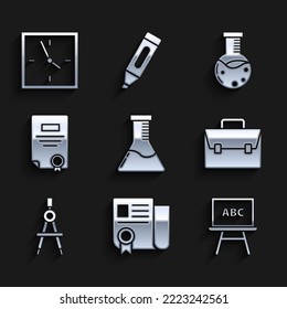 Ajuste el tubo de ensayo y el laboratorio químico del matraz, la plantilla de certificado, el tablero de cambios, el maletín, la brújula de dibujo y el icono Reloj. Vector