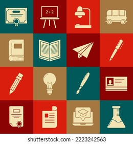 Set Test tube and flask chemical laboratory, Identification badge, Pen, Table lamp, Open book, Book, Certificate template and Paper airplane icon. Vector