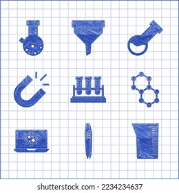 Set Test tube and flask chemical, Tweezers, Laboratory glassware or beaker, Molecule, Bacteria on laptop, Magnet,  and  icon. Vector