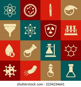 Set Test tube and flask chemical, Chemical formula, Tweezers, Atom, Funnel filter,  and Radioactive in shield icon. Vector