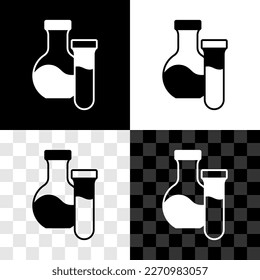 Set Test tube and flask chemical laboratory test icon isolated on black and white, transparent background. Laboratory glassware sign.  Vector