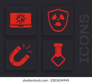 Set Test tube and flask chemical, Bacteria on laptop, Radioactive in shield and Magnet icon. Vector