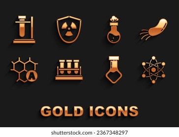 Set Test tube and flask chemical, Bacteria, Atom, Chemical formula, on stand and Radioactive in shield icon. Vector