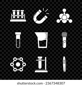 Set Test tube and flask chemical, Magnet, Bacteria, Chemical formula, on stand, Tweezers,  and Laboratory glassware beaker icon. Vector