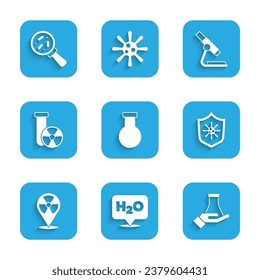 Set Test tube and flask, Chemical formula for H2O, Shield protecting from virus, Radioactive location, radiation, Microscope and Microorganisms under magnifier icon. Vector