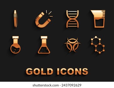 Set Test tube and flask chemical, Laboratory glassware or beaker, Molecule, Biohazard symbol, DNA, Tweezers and Magnet icon. Vector