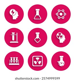 Set Test tube and flask chemical, Radioactive, Human head radiation, stand, Chemical formula and Head electric symbol icon. Vector