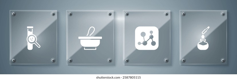 Set Test tube and flask, Chemical formula, Mortar pestle and . Square glass panels. Vector