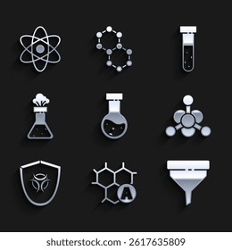 Set Test tube and flask chemical, Chemical formula, Funnel filter, Bacteria, Biohazard symbol on shield,  and Atom icon. Vector
