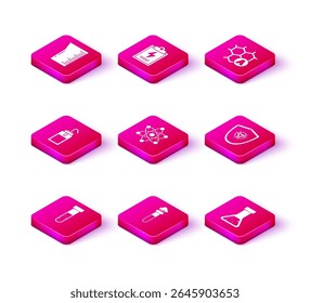 Set Test tube and flask chemical, Laboratory wash bottle, Atom, Biohazard symbol on shield, Chemical formula and clipboard with checklist icon. Vector