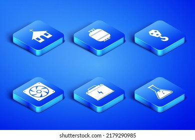 Set Test tube and flask, Church building, Car battery, Computer cooler, Propane gas tank and Industrial hook icon. Vector