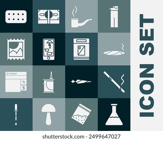 Set tubo de ensayo y frasco, cigarrillo, con humo, pipa de fumar, compra de medicamentos en línea en el teléfono, marca de ácido LSD, paquete de ampollas de píldoras y el icono de la caja de cigarrillos. Vector