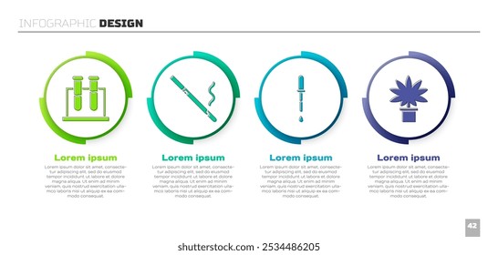Coloque tubo de ensaio e frasco, Cigarro, Pipeta e maconha ou planta de cannabis no pote. Modelo de infográfico comercial. Vetor