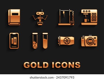 Set Test tube and flask, Coffee machine, Mirrorless camera, Video graphic card, Smartphone, mobile phone, 3D printer, User manual and Robot icon. Vector