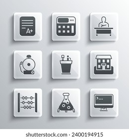 Set Test tube and flask, Computer monitor, School building, Pencil case stationery, Abacus, Ringing alarm bell, Exam sheet with plus grade and Schoolboy sitting desk icon. Vector