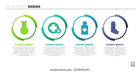 Set Tubo de ensayo y frasco, hospital médico cruzado, botella de jarabe de medicina e inhalador. Plantilla de infografía de negocios. Vector