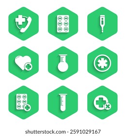Set Test tube and flask, Cross hospital medical, Medical symbol of the Emergency, Pills in blister pack, Heart with cross, digital thermometer and phone call to icon. Vector