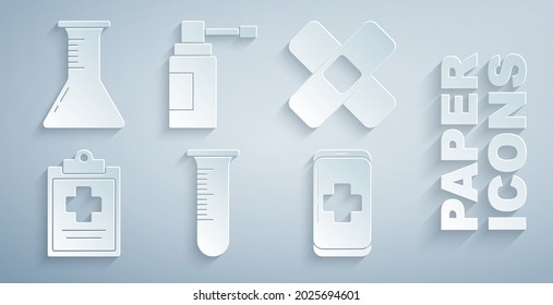 Set Test tube and flask, Crossed bandage plaster, Medical clipboard with clinical record, Emergency mobile phone call to hospital, bottle nozzle spray and  icon. Vector