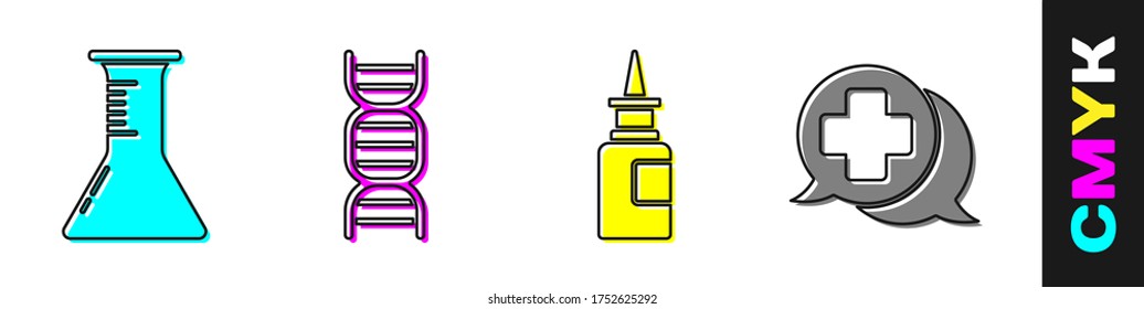 Set Test tube and flask, DNA symbol, Bottle nasal spray and Dialogue with the doctor icon. Vector