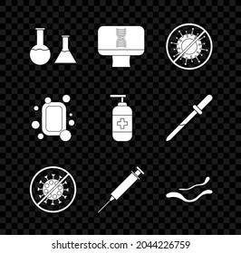 Set Test tube and flask, DNA spiral computer, Stop virus, Syringe, Ebola disease, Bar of soap and Bottle liquid antibacterial icon. Vector