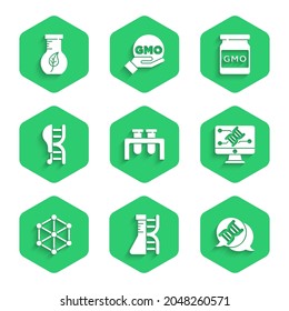 Set Test tube and flask, DNA research, search, symbol, Genetic engineering modification, GMO, Genetically modified chicken,  and  icon. Vector