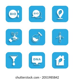 Set Test tube and flask, DNA symbol, Eco friendly house, Wind turbine, Funnel or filter, Plant hand, Location with leaf and Bio healthy food icon. Vector