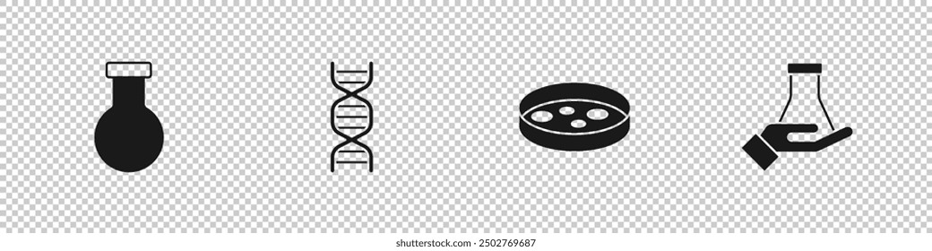 Set Test tube and flask, DNA symbol, Petri dish with bacteria and  icon. Vector