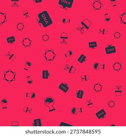 Set Test tube and flask, DNA symbol, Molecule and Plant in pot on seamless pattern. Vector