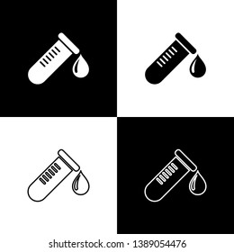 Set Test tube or flask with drop of blood icons isolated on black and white background. Laboratory, chemical, scientific glassware sign. Line, outline and linear icon. Vector Illustration