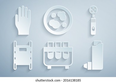 Set Test tube and flask, Electric toothbrush, Stretcher, Inhaler, Petri dish with bacteria and Medical rubber gloves icon. Vector