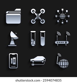 Set Test tube and flask, Electric car, Social network, Router wi-fi signal, Smartphone, mobile phone, Radar,  and Document folder icon. Vector