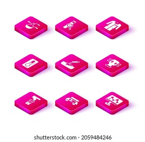 Set Test tube and flask, Electronic scales, Medical thermometer, Petri dish with pipette, Chemical formula, Gas mask, Laboratory uniform and  icon. Vector