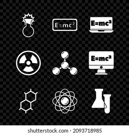Set Test tube and flask, Equation solution, Chemical formula, Atom, Radioactive and Molecule icon. Vector