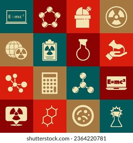 Set Test tube and flask, Equation solution, Astronomical observatory, Radiation warning document, Planet earth radiation,  and  icon. Vector