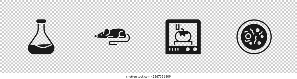 Set Test tube and flask, Experimental mouse, 3D printing technology and Petri dish with bacteria icon. Vector