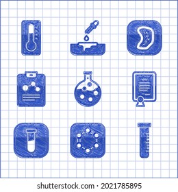 Set Tubo de prueba y matraz, Fórmula de anillos de benceno, plantilla de certificado, Informe de química, Icono de bacterias y termómetro médico. Vector