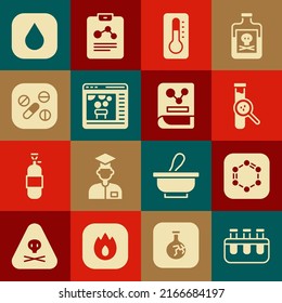 Set Tubo de prueba y matraz, Fórmula de anillos de benceno, Termómetro médico, Química en línea, Comprimido de píldora de Medicina, Absorción de agua e icono del libro de química. Vector